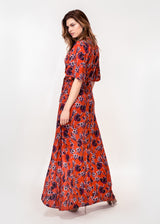 Angel sleeve wrap maxi dress with tie belt in rust ground tulip print