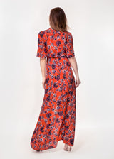 Angel sleeve wrap maxi dress with tie belt in rust ground tulip print