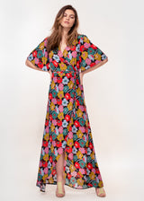 Angel sleeve wrap maxi dress with tie belt in bright abstract floral print