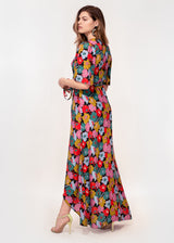 Angel sleeve wrap maxi dress with tie belt in bright abstract floral print