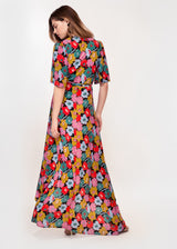 Angel sleeve wrap maxi dress with tie belt in bright abstract floral print