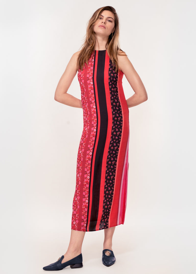 Sleeveless midi dress with side splits in pink and red stripe print