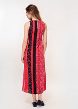 Sleeveless midi dress with side splits in pink and red stripe print