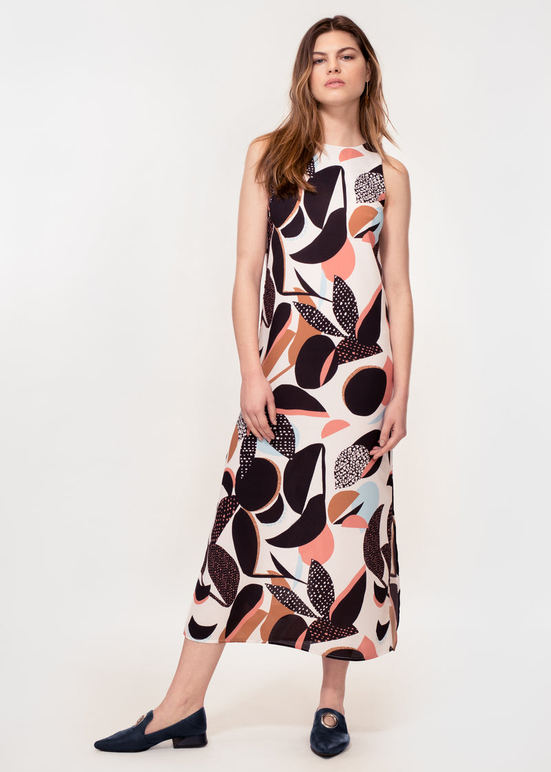 Sleeveless midi dress with side splits in bold abstract print