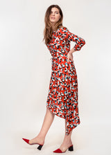 3/4 sleeve dress with asymmetric hem in a Red animal print