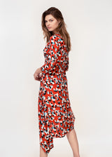 3/4 sleeve dress with asymmetric hem in a Red animal print