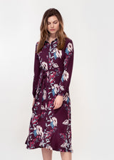 Long sleeve belted shirt dress in a plum peony print