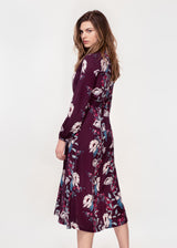 Long sleeve belted shirt dress in a plum peony print