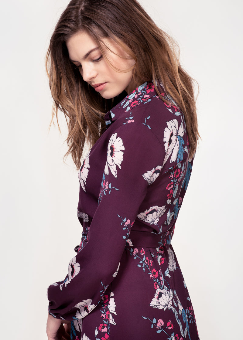 Long sleeve belted shirt dress in a plum peony print