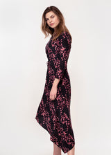 3/4 sleeve dress with asymmetric hem in a black ground pink leaf print