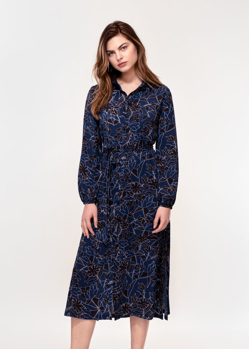 Long Sleeve belted shirt dress in a navy and white sketch print