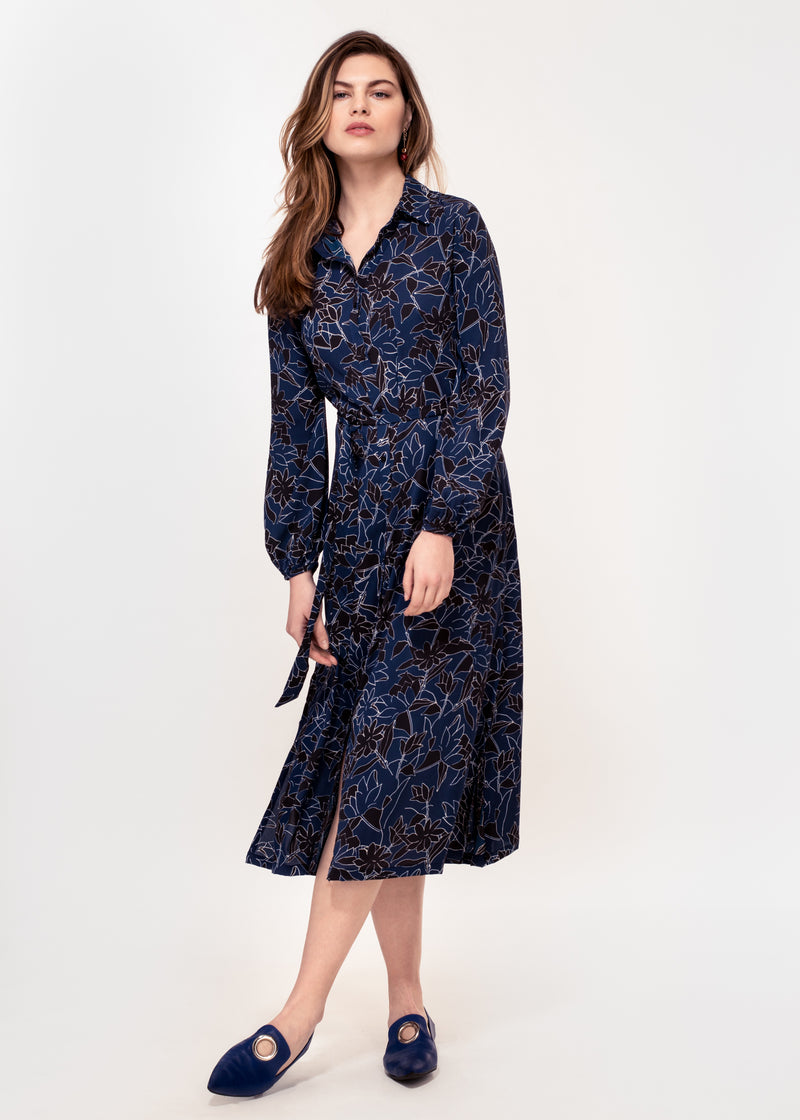 Long Sleeve belted shirt dress in a navy and white sketch print