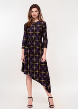 3/4 sleeve dress with asymmetric hem in a black ground yellow plaid print