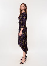 3/4 sleeve dress with asymmetric hem in a black ground yellow plaid print