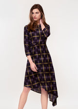 3/4 sleeve dress with asymmetric hem in a black ground yellow plaid print