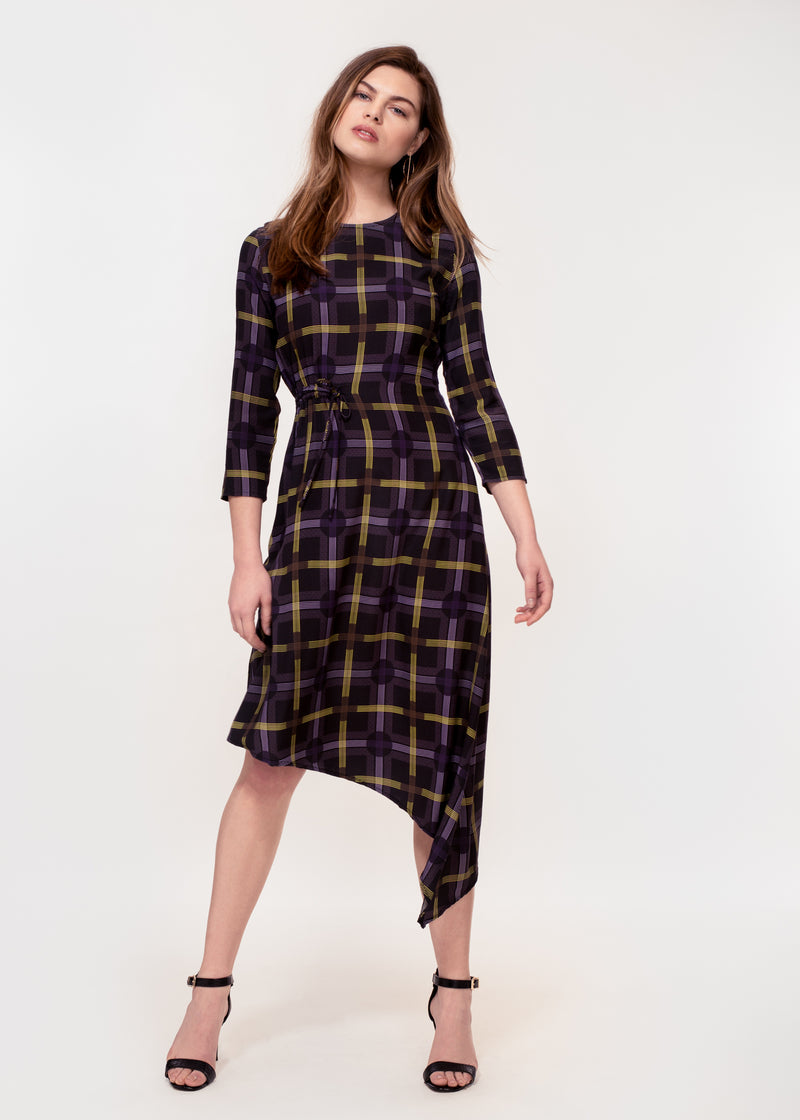 3/4 sleeve dress with asymmetric hem in a black ground yellow plaid print