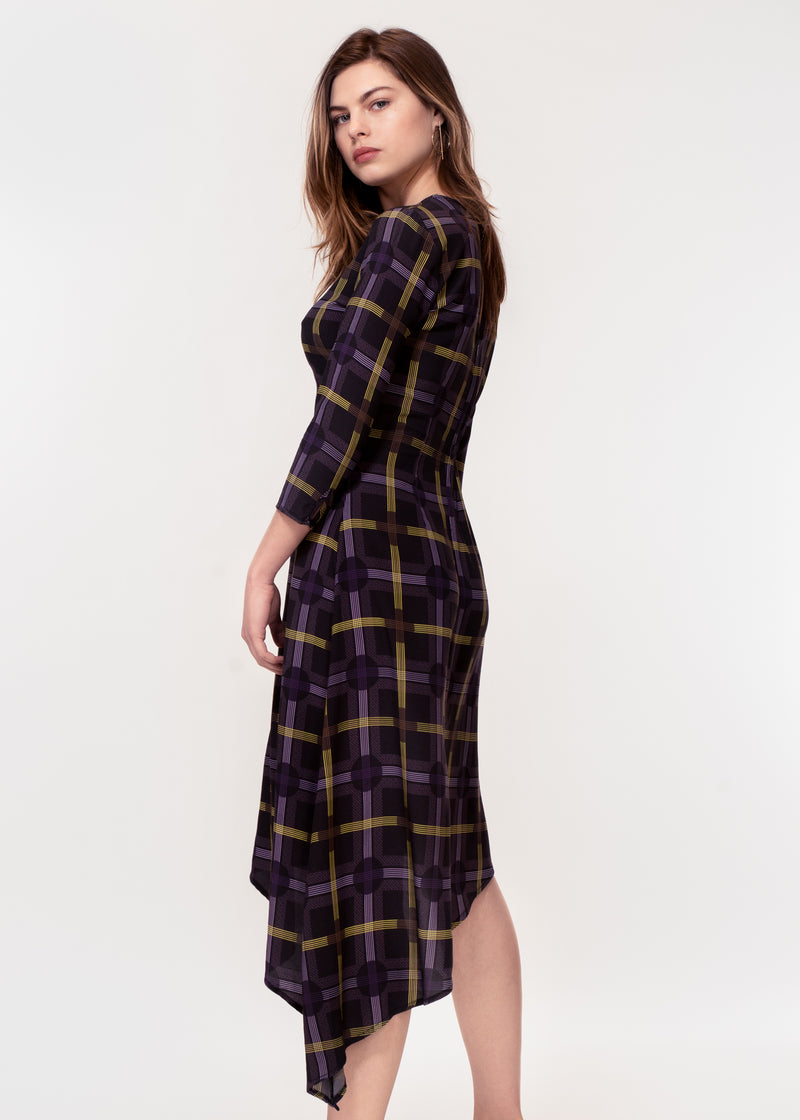 3/4 sleeve dress with asymmetric hem in a black ground yellow plaid print