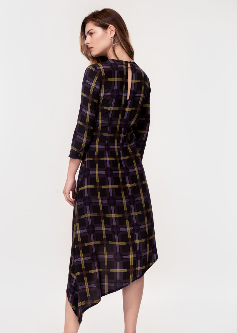 3/4 sleeve dress with asymmetric hem in a black ground yellow plaid print