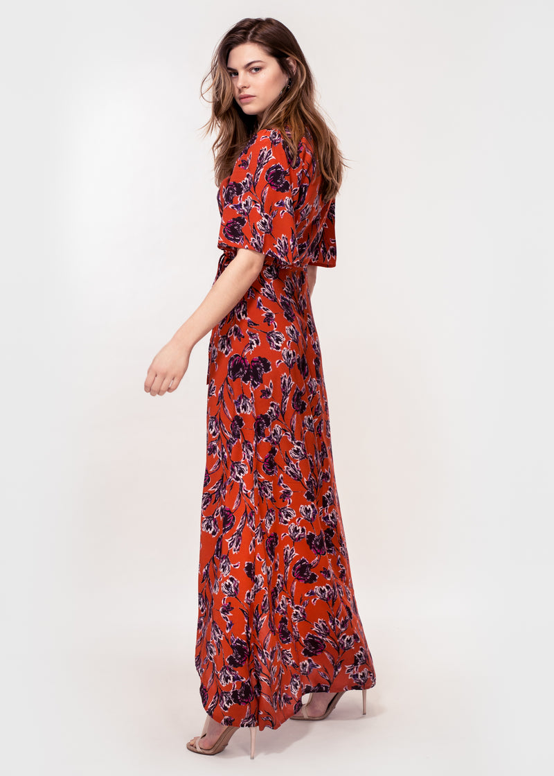 Angel sleeve wrap maxi dress with tie belt in rust ground tulip print