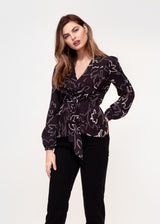 Long sleeve, V neck tie front top in Black and white sketch floral print