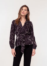 Long sleeve, V neck tie front top in Black and white sketch floral print