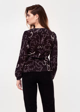 Long sleeve, V neck tie front top in Black and white sketch floral print