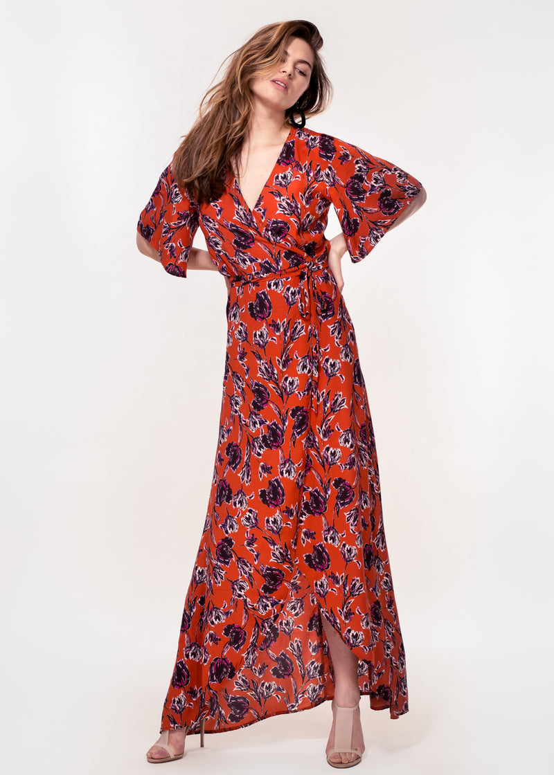 Angel sleeve wrap maxi dress with tie belt in rust ground tulip print