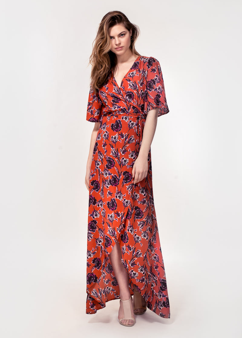 Angel sleeve wrap maxi dress with tie belt in rust ground tulip print