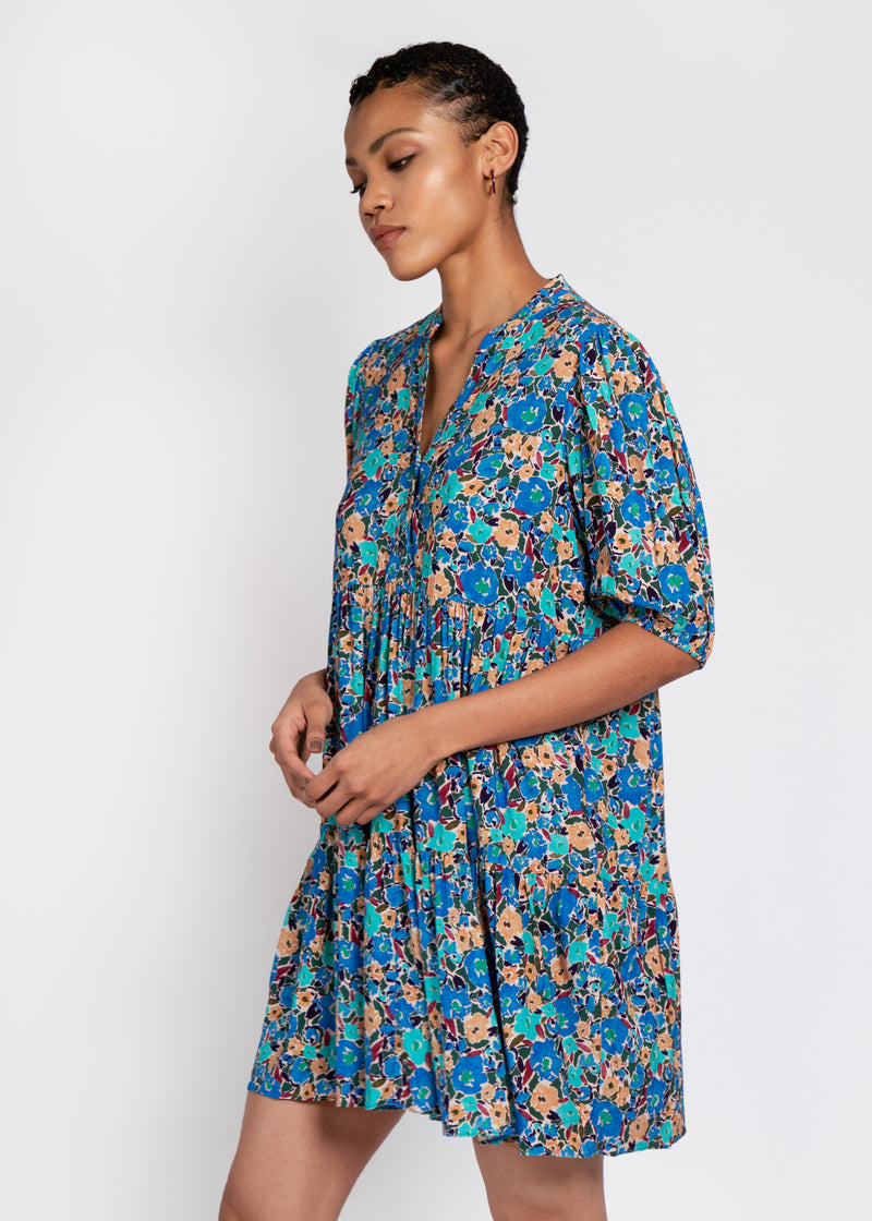 Lilium Short Tiered Dress in Expressive Blue Floral Print