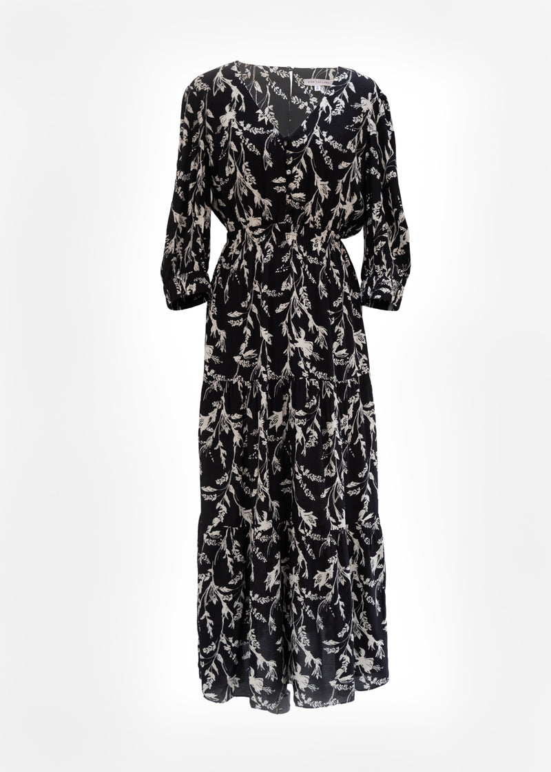 Kalmia Tiered Maxi Dress in Black and White Sketch Floral