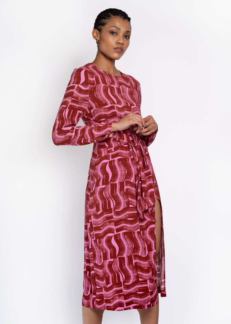 Verbena Tie Front Dress in Rust Paint Brush Print