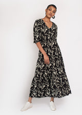 Kalmia Tiered Maxi Dress in Black and White Sketch Floral