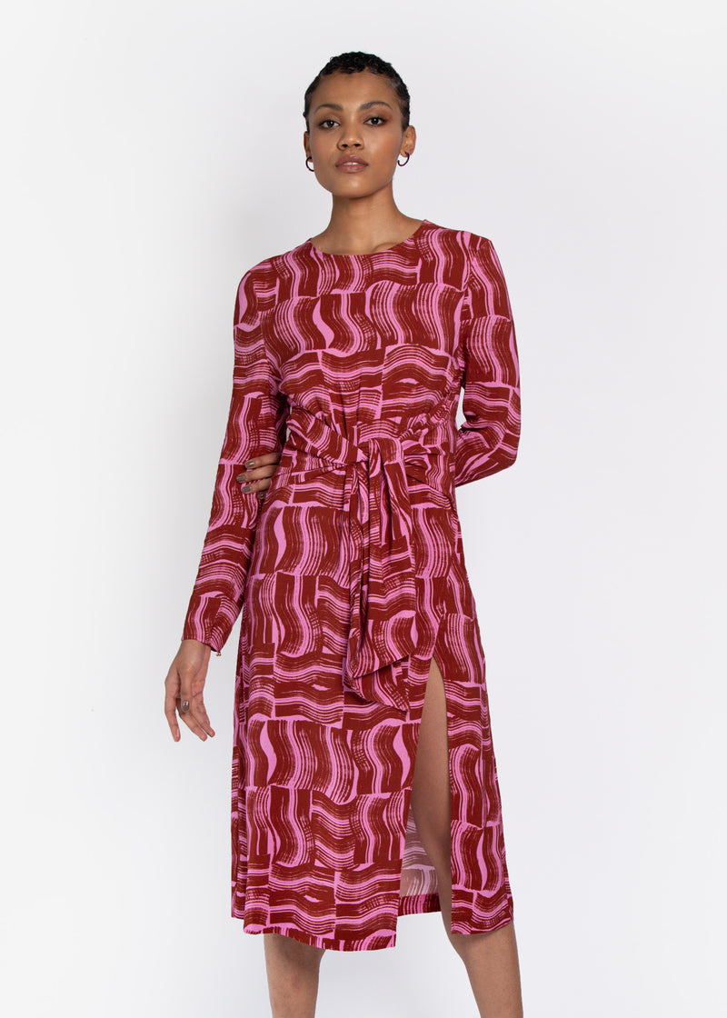 Verbena Tie Front Dress in Rust Paint Brush Print