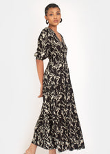 Kalmia Tiered Maxi Dress in Black and White Sketch Floral