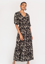 Kalmia Tiered Maxi Dress in Black and White Sketch Floral