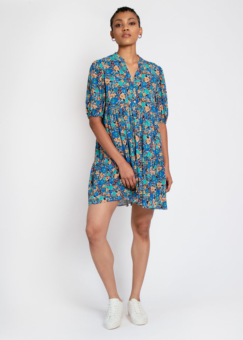 Lilium Short Tiered Dress in Expressive Blue Floral Print