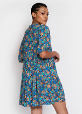 Lilium Short Tiered Dress in Expressive Blue Floral Print