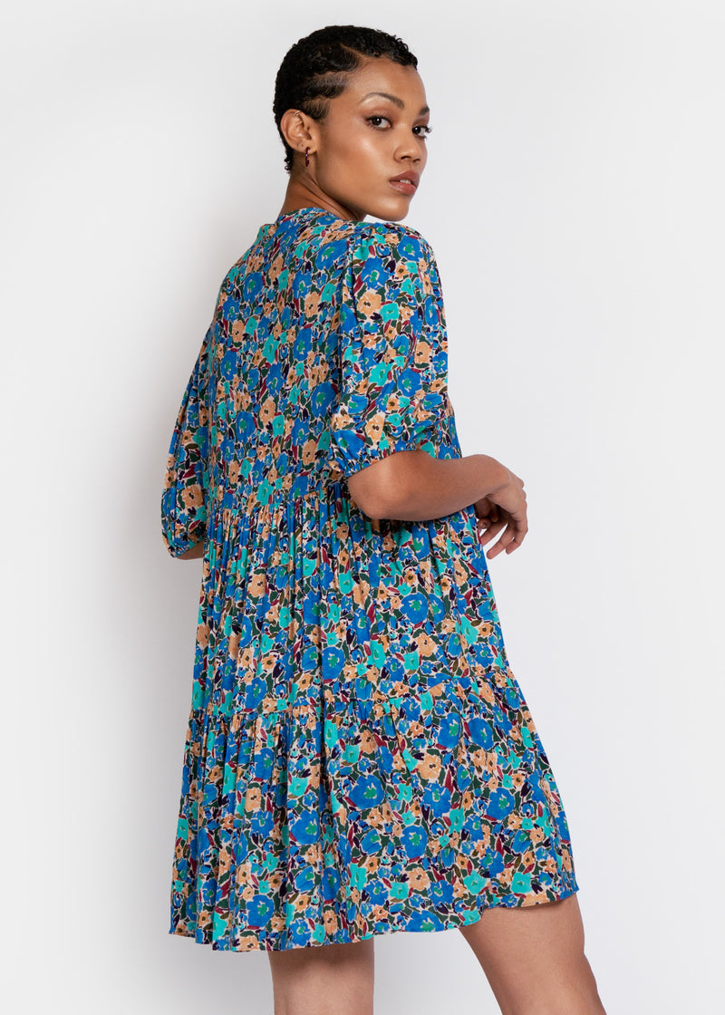 Lilium Short Tiered Dress in Expressive Blue Floral Print